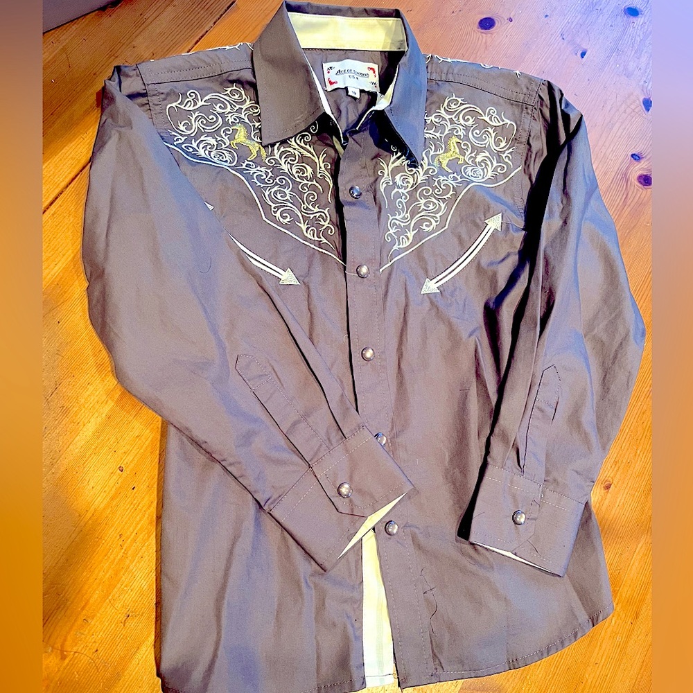 Ace of Diamonds Boy’s western shirt with Antique Gold and white Embroidery